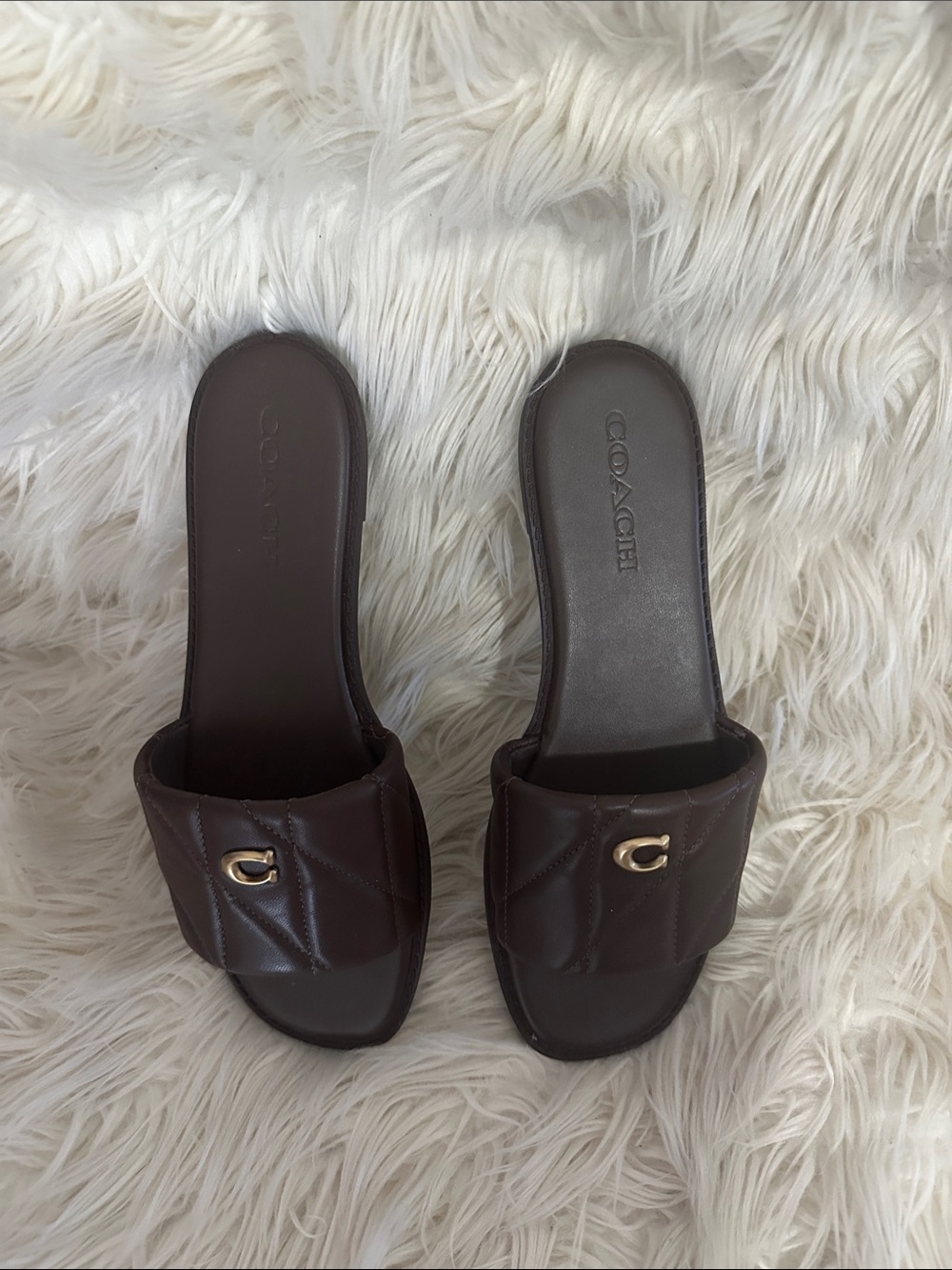 Coach Brown Quilted Leather Slide Mules with Gold 'C' Accent